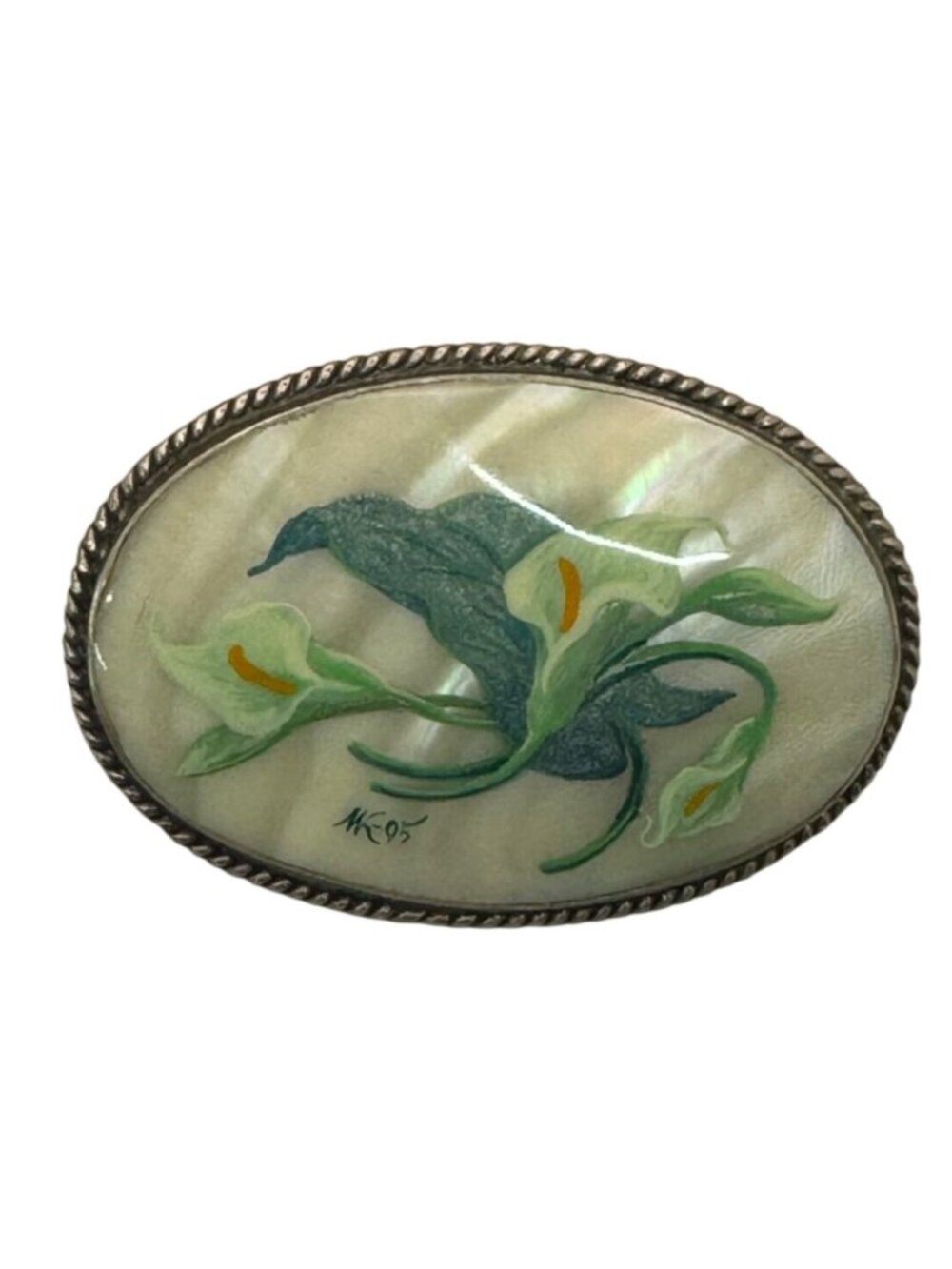 Hand-Painted Mother Of Pearl Floral Brooch Calla Lily SilverTone Oval Vintage 3"